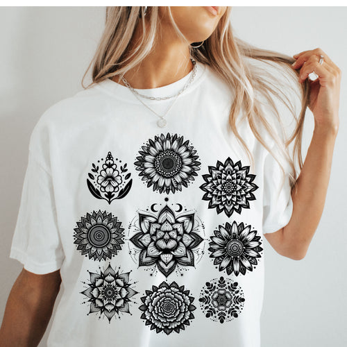 Boho Flower Collage T-Shirt - Floral Graphic Tee. Midnight Eye, LLC