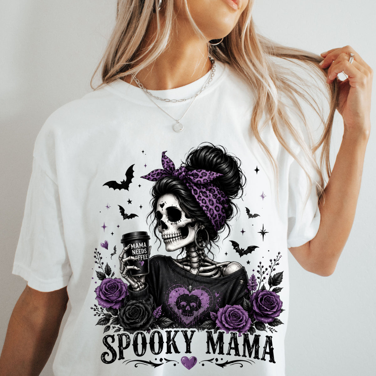 Spooky Mama T-Shirt — Gothic Skull  and Bats Mom Tee with Purple Roses. Midnight Eye, LLC. 