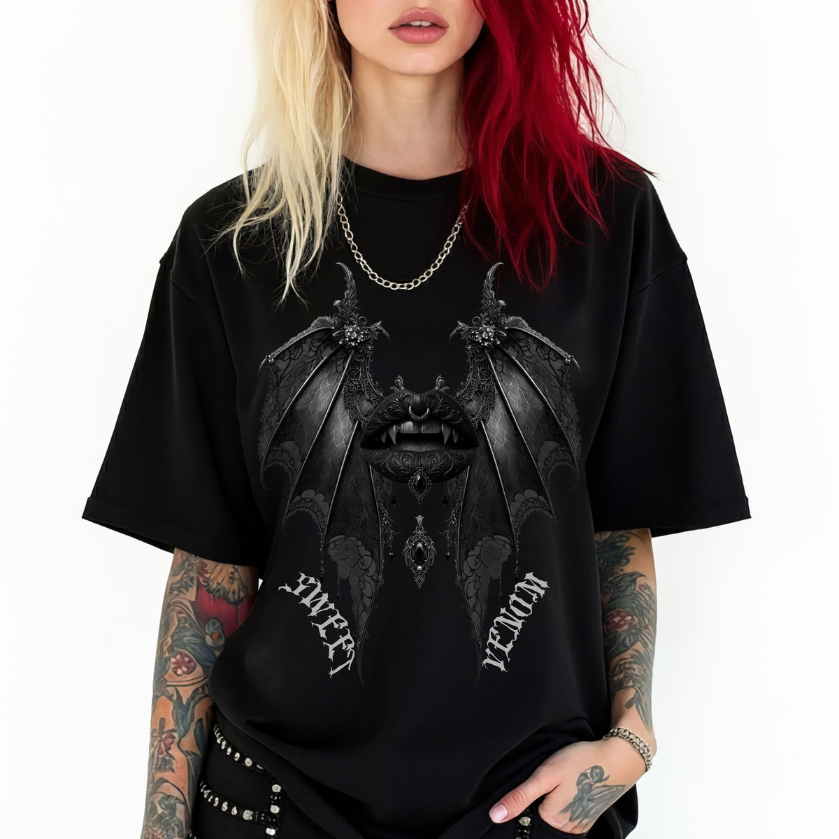 Gothic Bat Wings and Black Vampire Lips Graphic T-shirt - Gothic Black Lips Tee. Midnight Eye, LLC