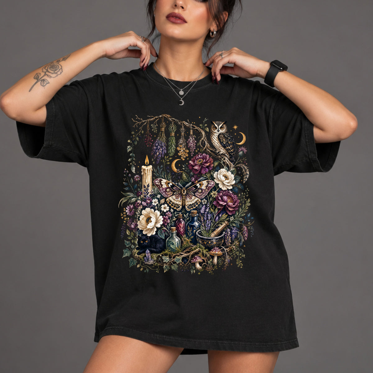 Mystical Forest Owl T-Shirt — Botanical Witchy Moonlight Art Tee, Midnight Eye, LLC