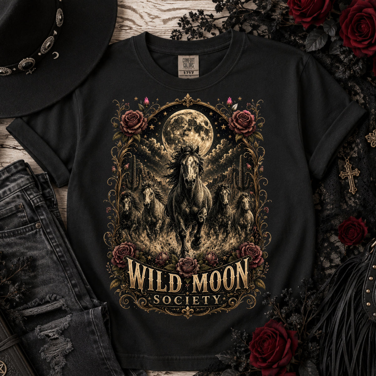 Wild Moon Society T-Shirt — Vintage Gothic Moon & Horse Graphic Tee