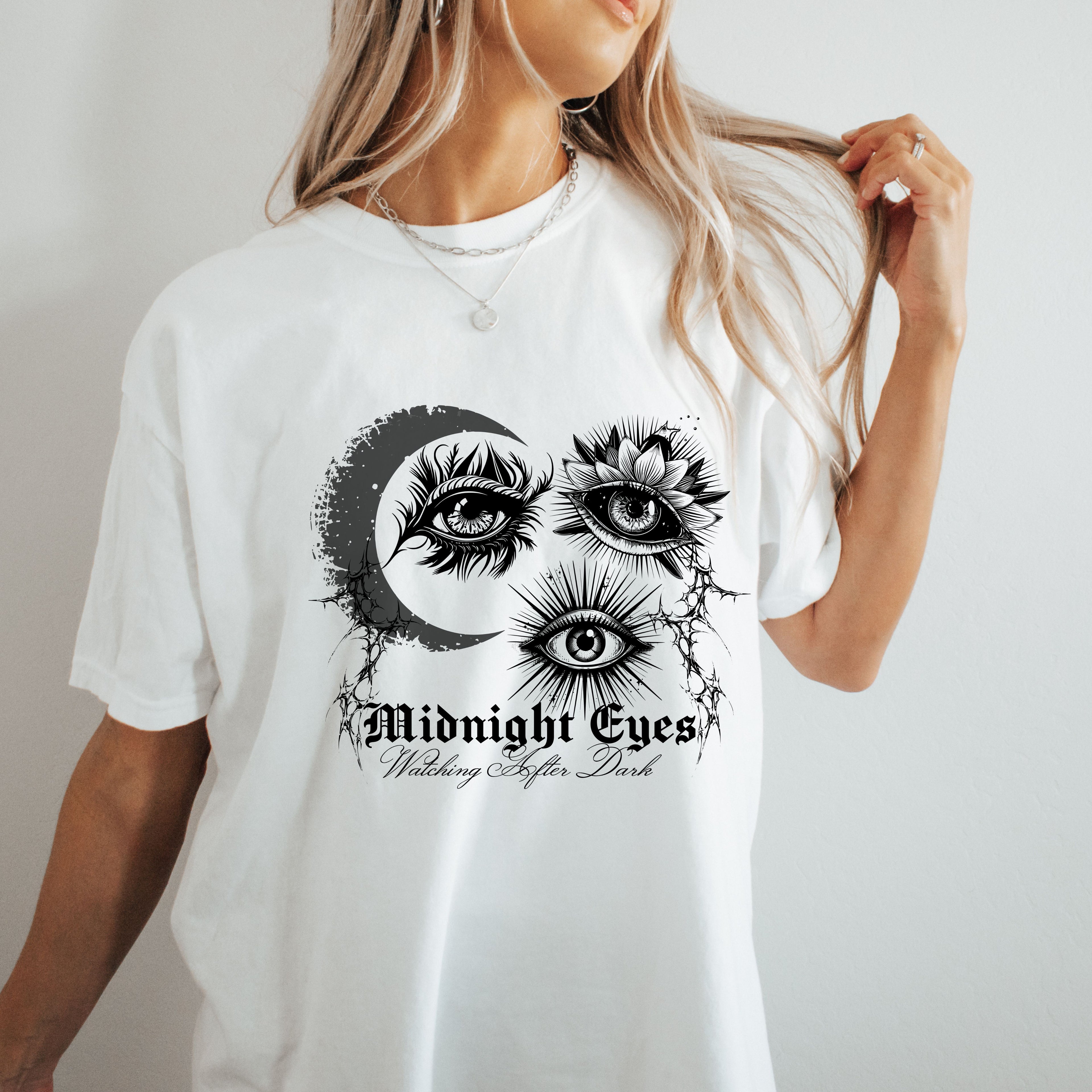Midnight Eyes Graphic T-Shirt — Gothic Dark Aesthetic Eyes Collage Tee. Midnight Eye, LLC. 
