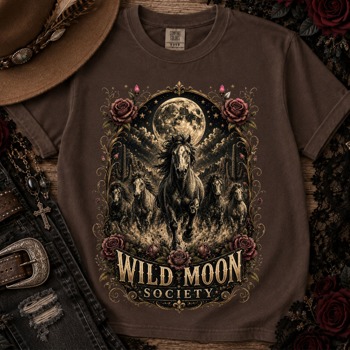 Wild Moon Society T-Shirt — Vintage Gothic Moon & Horse Graphic Tee
