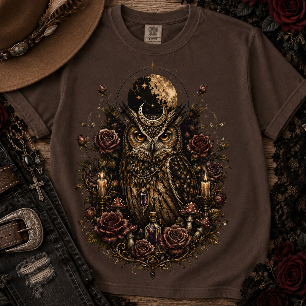 Owl Moon Graphic T-Shirt — Gothic Owl with Roses. Midnight Eye, LLC 
