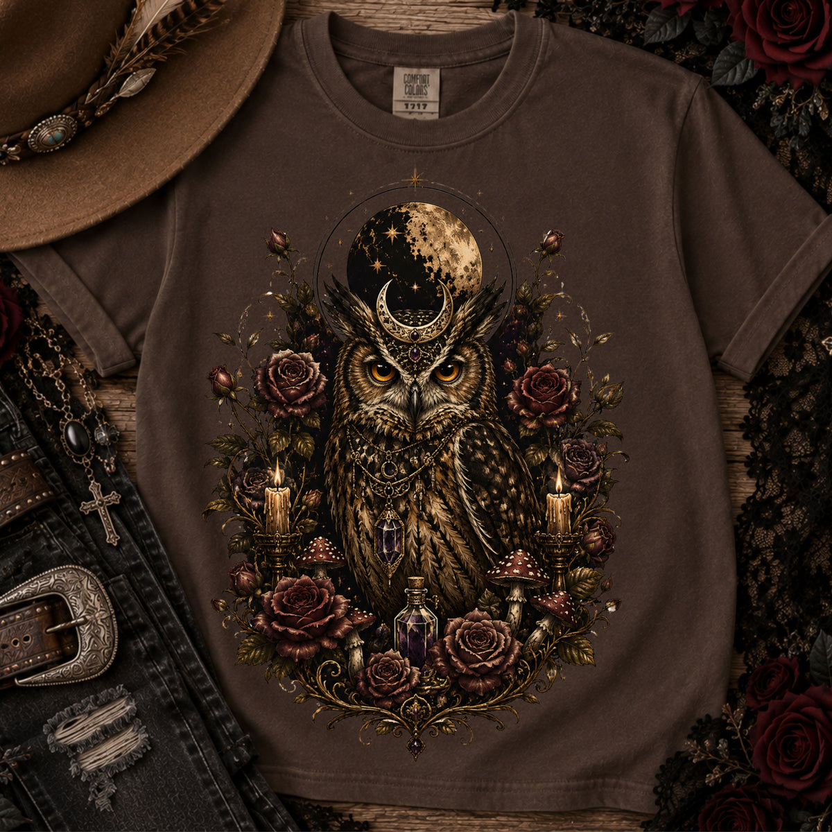 Owl Moon Graphic T-Shirt — Gothic Owl with Roses. Midnight Eye, LLC 