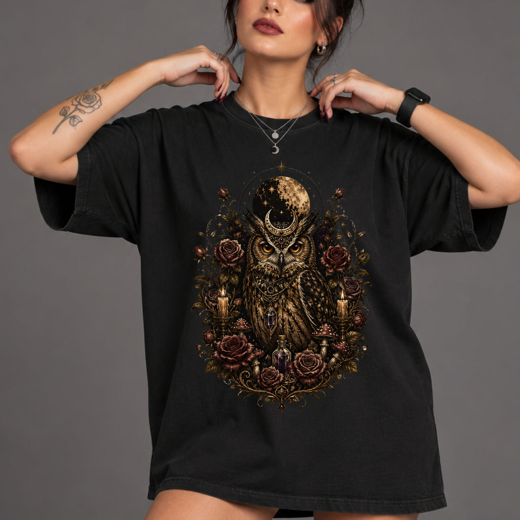 Owl Moon Graphic T-Shirt — Gothic Owl with Whimsy Roses
