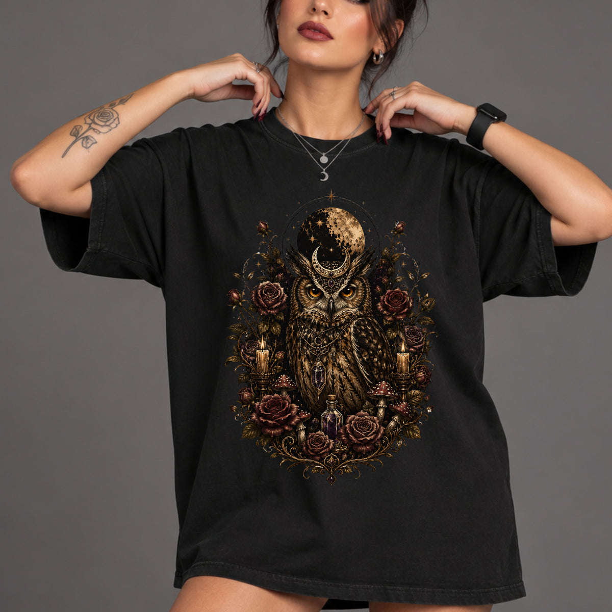 Owl Moon Graphic T-Shirt — Gothic Owl with Whimsy Roses