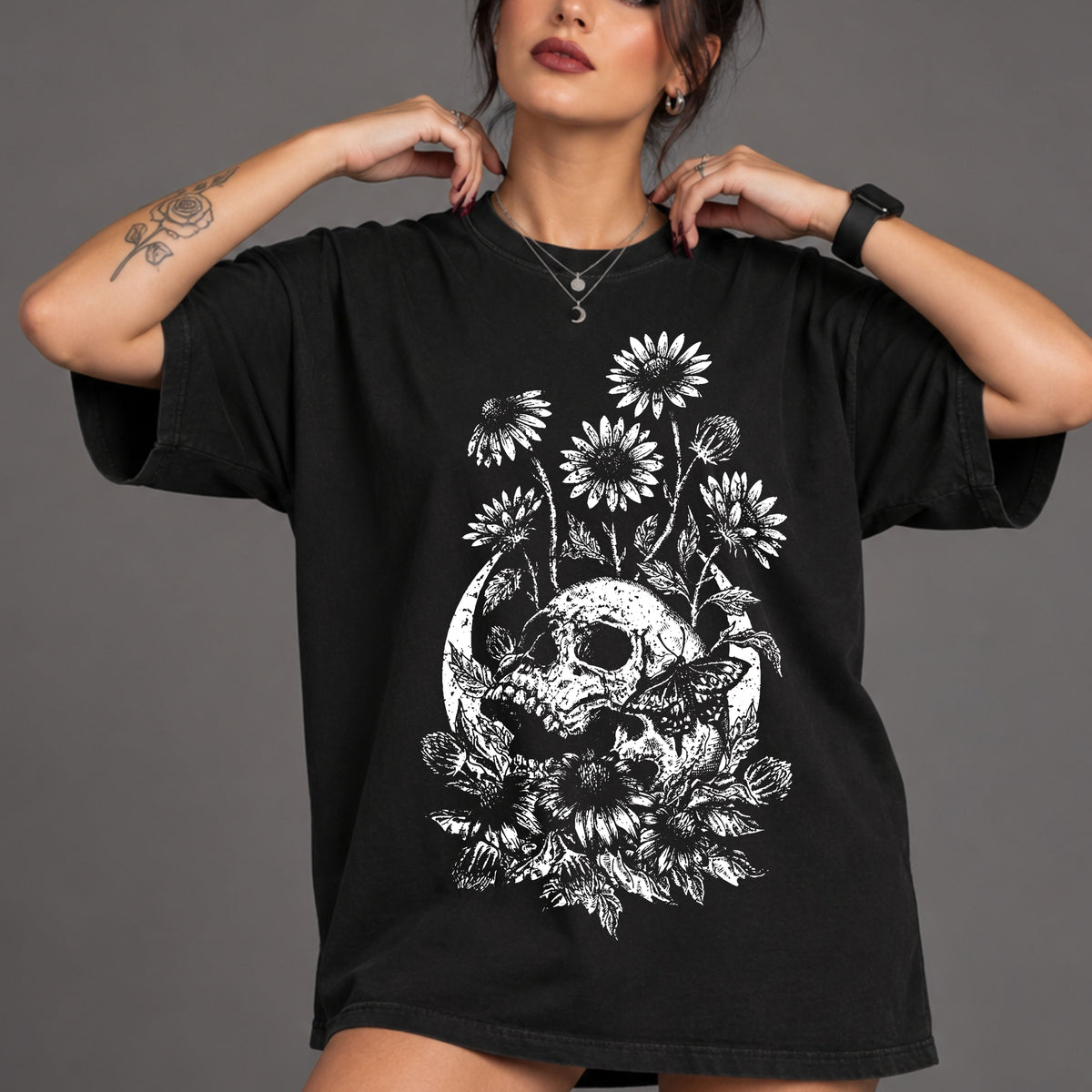 Moon Skull & Daisies Graphic T-Shirt - Half Tone Alternative Tee