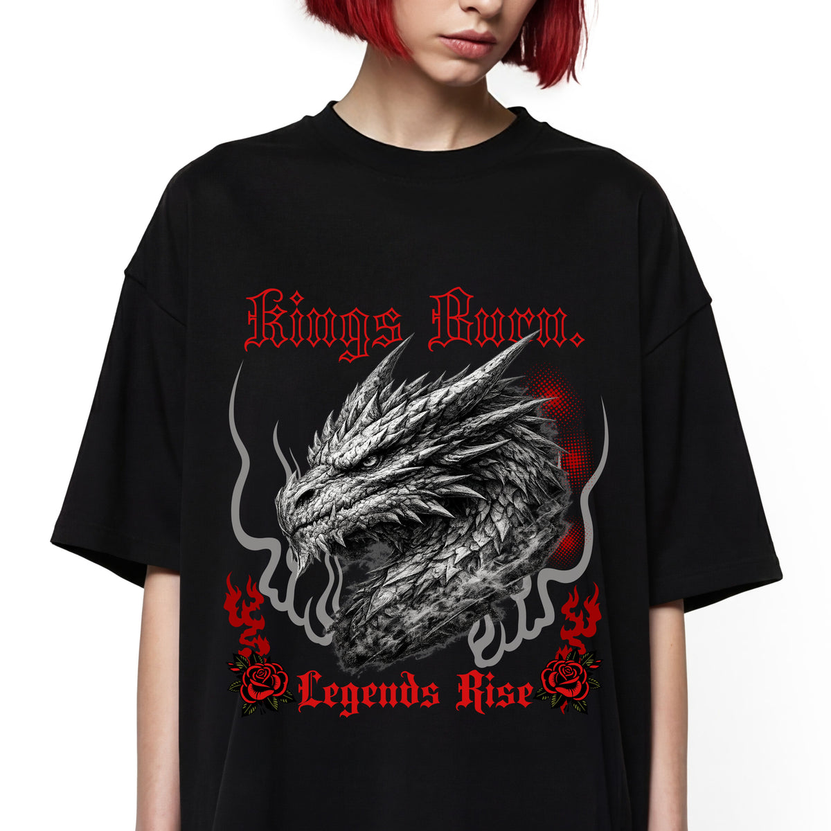Dragon Head T-Shirt — "Kings Burn. Legends Rise." Red Rose Tattoo Graphic T-Shirt