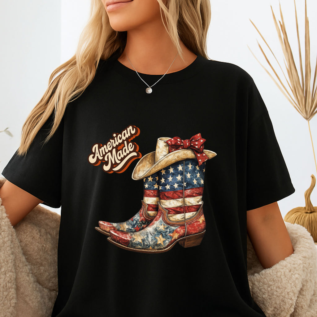 American Made Flag Girl Boots T-Shirt - Vintage Cowgirl Boots - Vintage Tee. Midnight Eye