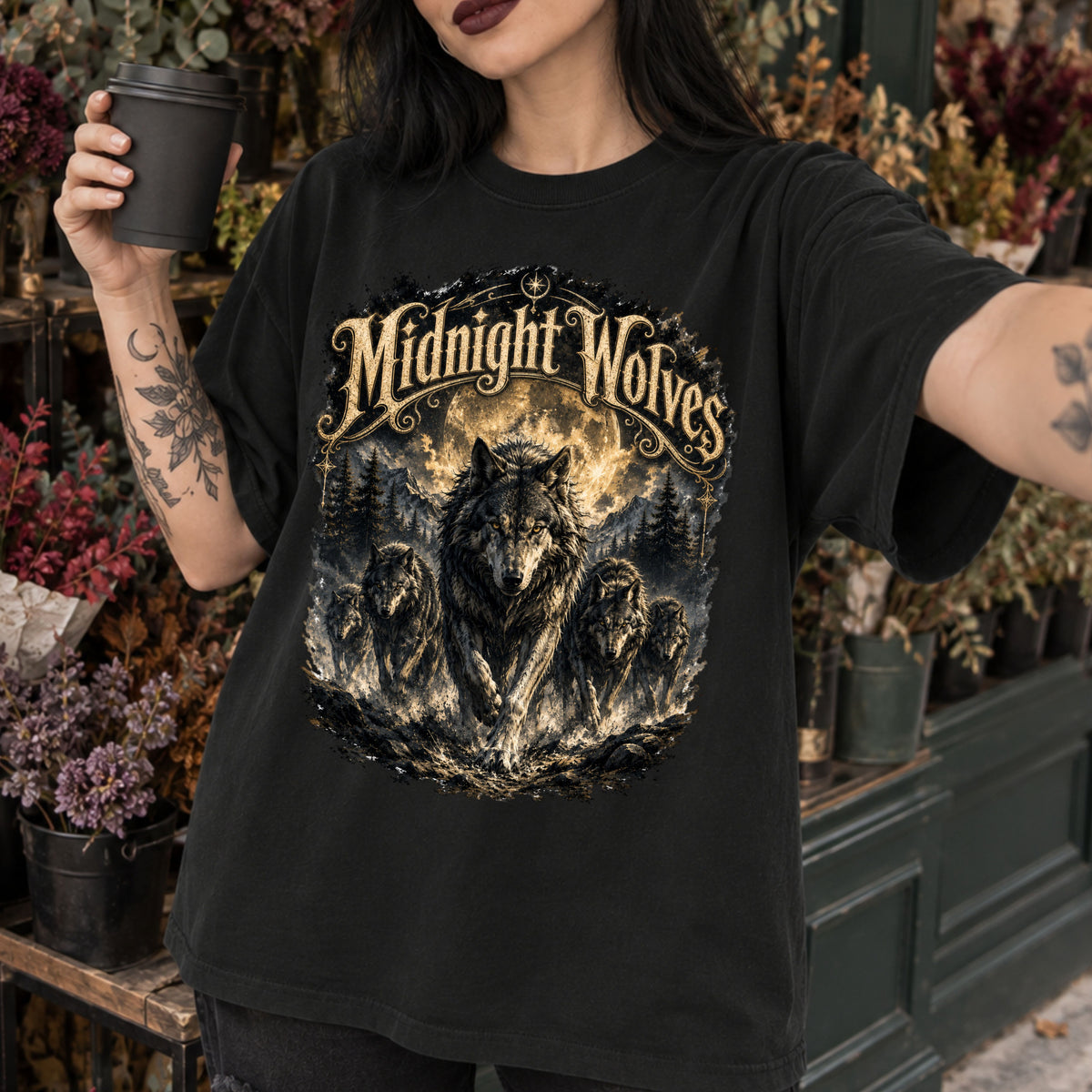 Midnight Wolves Graphic T-Shirt — Vintage Moonlit Wolf Pack Tee. Midnight Eye, LLC.
