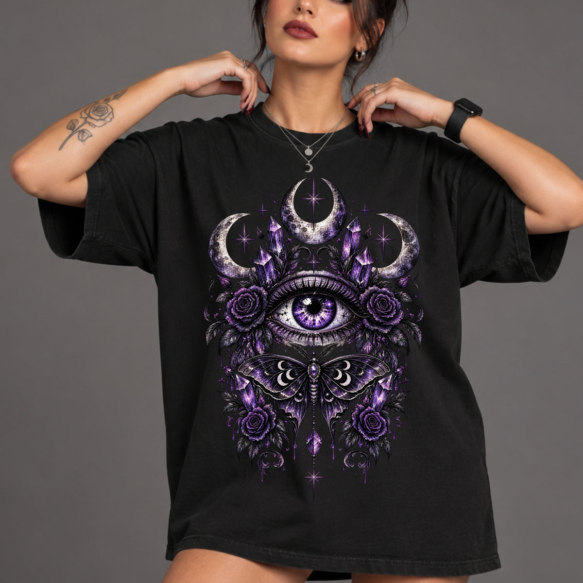 Mystic Eye and Moon T-Shirt — Purple Occult Floral Graphic Tee. Midnight Eye, LLC