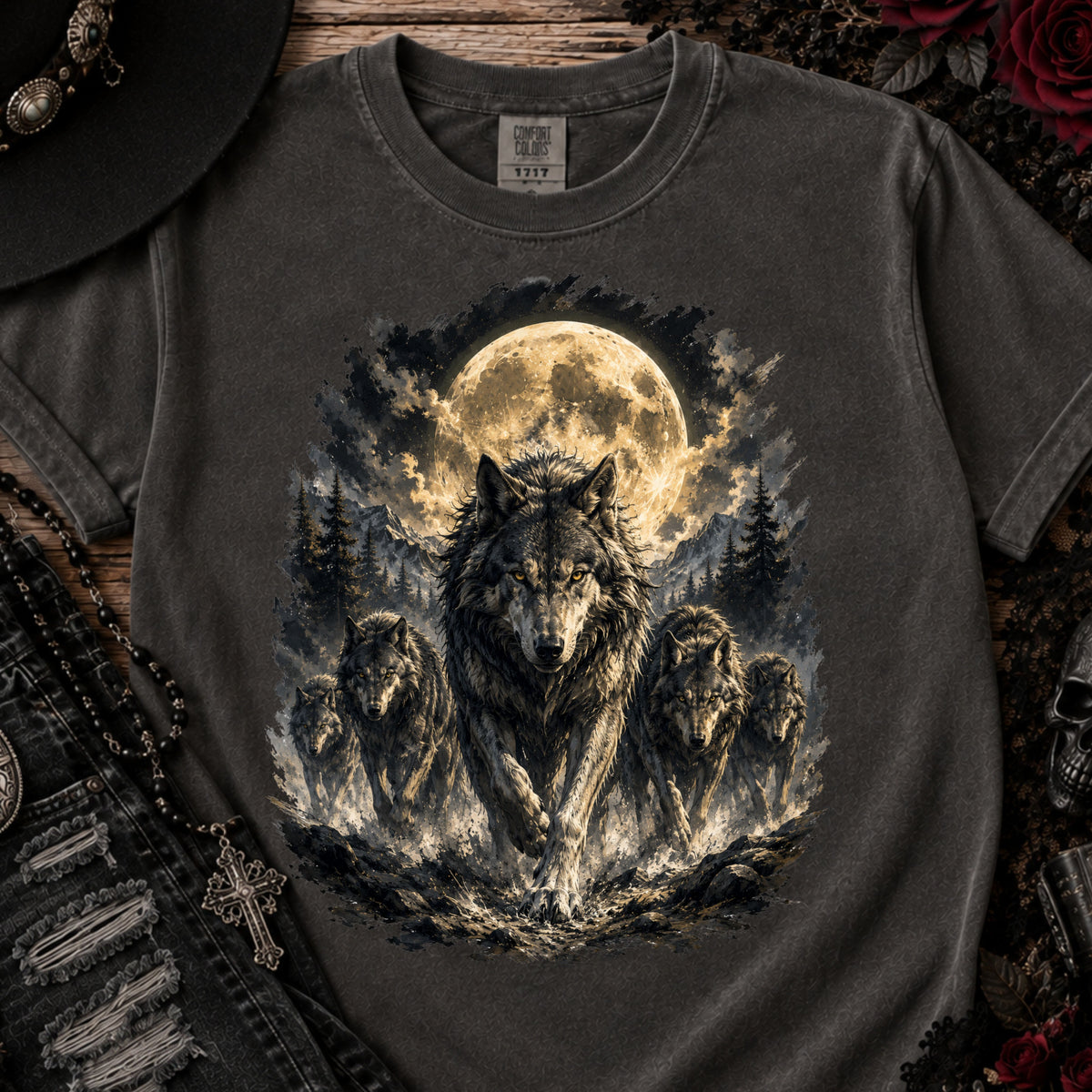 Wolf Pack Mystical Moon T-Shirt — Vintage Moonlit Forest Graphic Tee. Midnight Eye, LLC