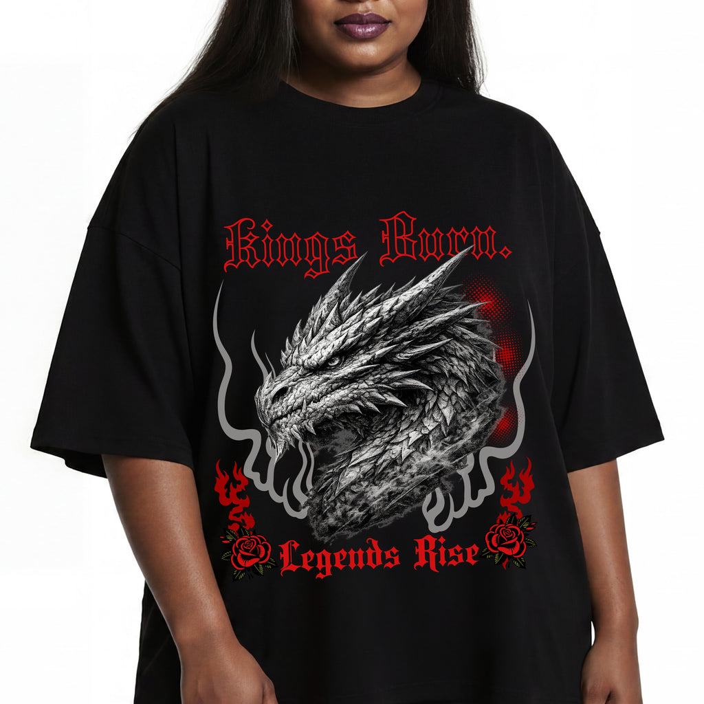 Dragon Head T-Shirt — "Kings Burn. Legends Rise." Red Rose Tattoo Graphic T-Shirt. Midnight Eye, LLC