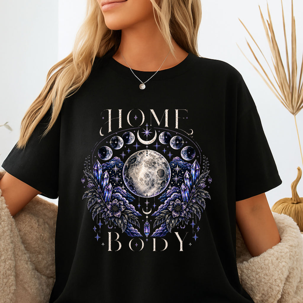 Moon Phases T-Shirt — “Home Body” Lunar Graphic Tee, Midnight Eye, LLC
