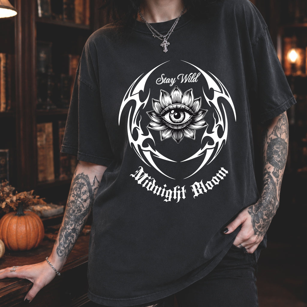 Stay Wild Midnight Moon T-Shirt — Mystical Lotus Eye Graphic Tee - Goth Tee- Dark Aesthetic T-Shirt. Midnight Eye, LLC