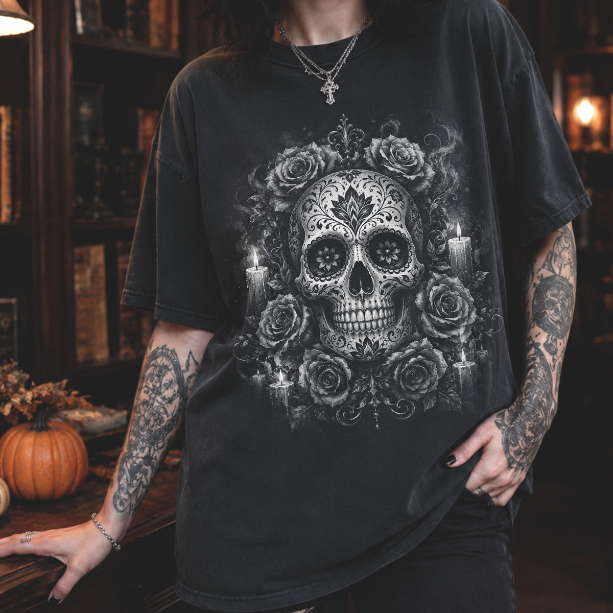 Sugar Skull & Roses T-Shirt — Gothic Day of the Dead Skull Tee. Midnight Eye, LLC
