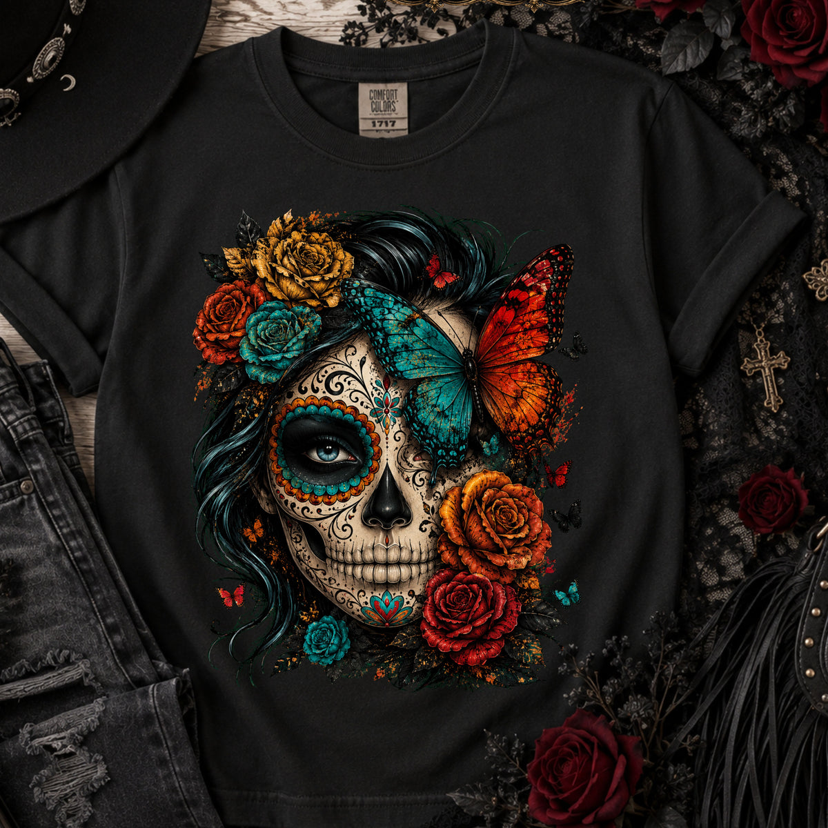 Day of the Dead Sugar Skull T-Shirt — Floral Calavera Graphic Tee. Midnight Eye, LLC.