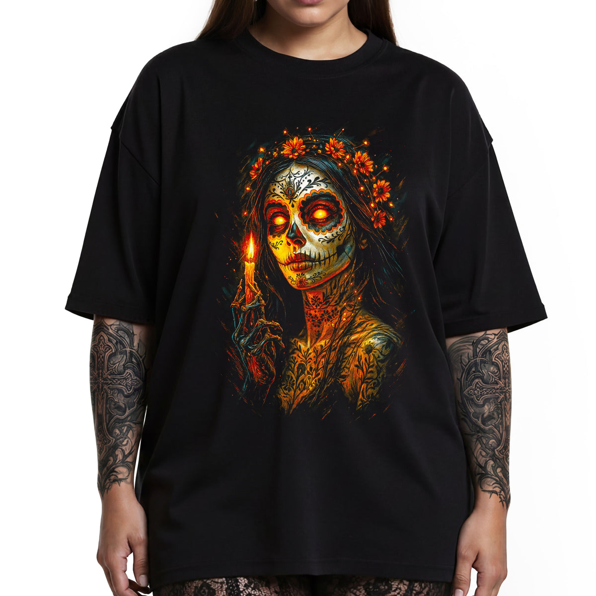 Day of the Dead Skull Catrina Graphic T-Shirt — Sugar Skull Candle Design. Midnight Eye, LLC
