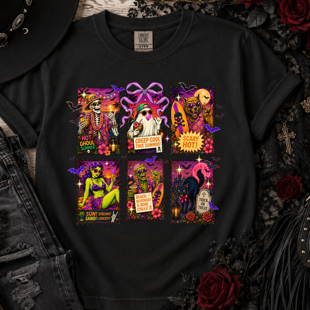 Halloween Witch Postage Stamp T-Shirt — Vintage Spooky Pin-Up Graphic Tee. Midnight Eye, LLC