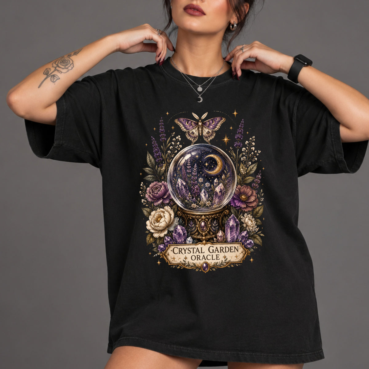 Crystal Garden Oracle T-Shirt — Mystical Moon & Crystal Ball Graphic Tee. Midnight Eye, LLC