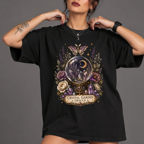 Crystal Garden Oracle T-Shirt — Mystical Moon & Crystal Ball Graphic Tee. Midnight Eye, LLC
