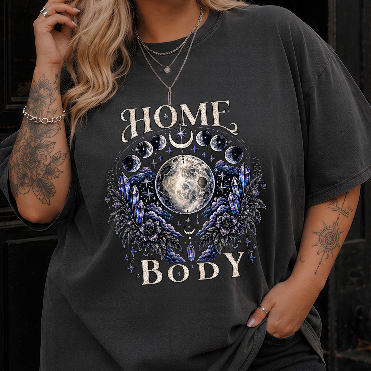 Moon Phases T-Shirt — “Home Body” Lunar Graphic Tee. Midnight Eye, LLC