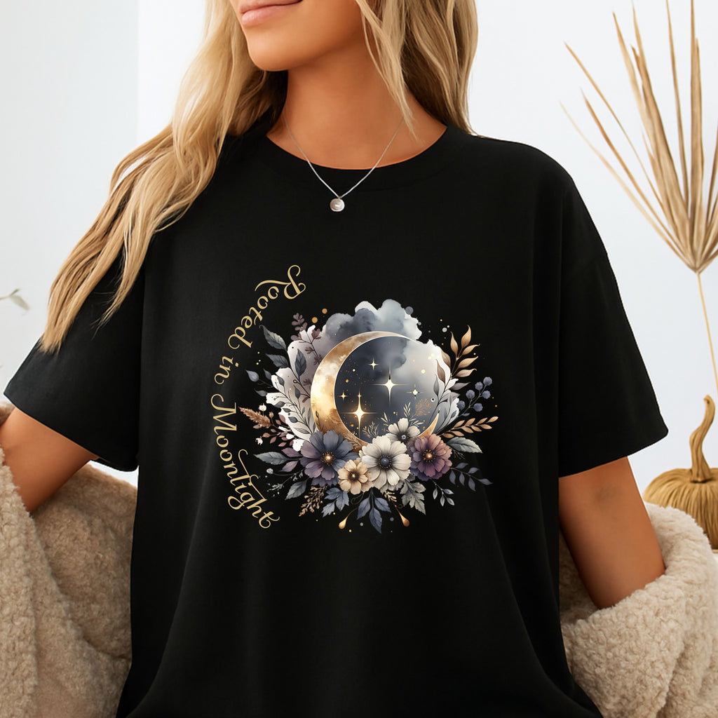 Moonlight Floral T-Shirt — 'Rooted in Moonlight' Celestial Floral Graphic Tee - Mystical Tee. midnight Eye, LLC