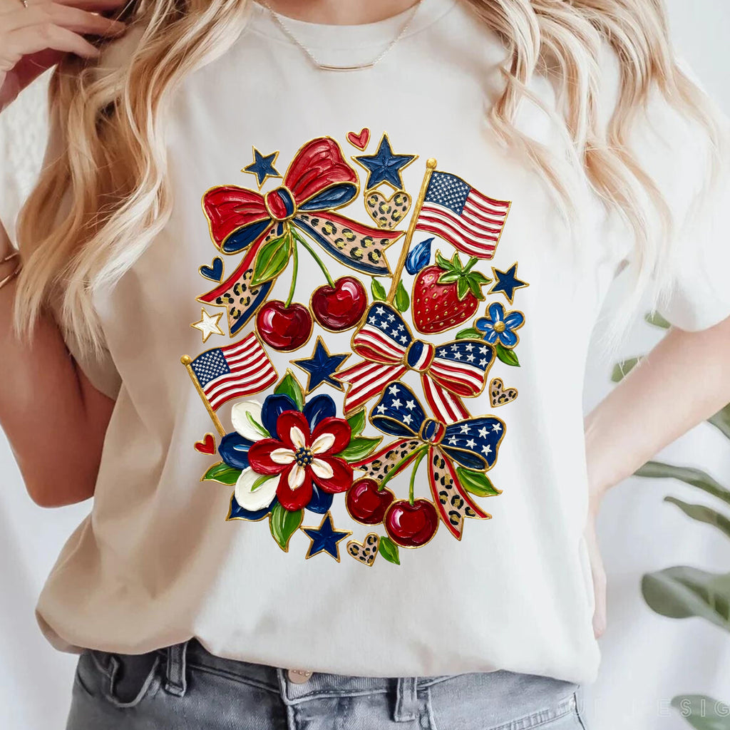 Patriotic Floral Americana T-Shirt - Faux Acrylic Paint Design - 4th of July T-Shirt. Midnight Eye