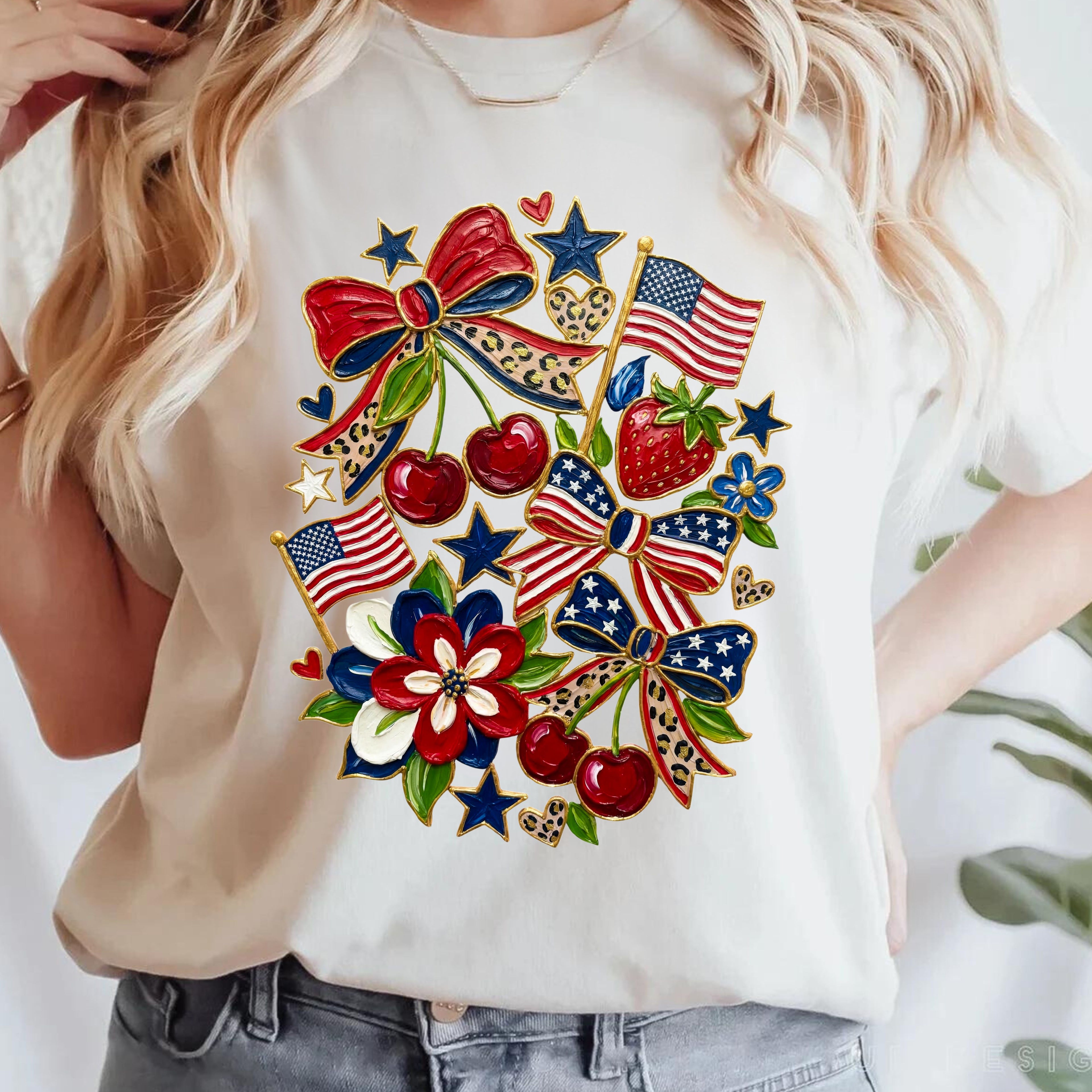 Patriotic Floral Americana T-Shirt - Faux Acrylic Paint Design - 4th of July T-Shirt. Midnight Eye