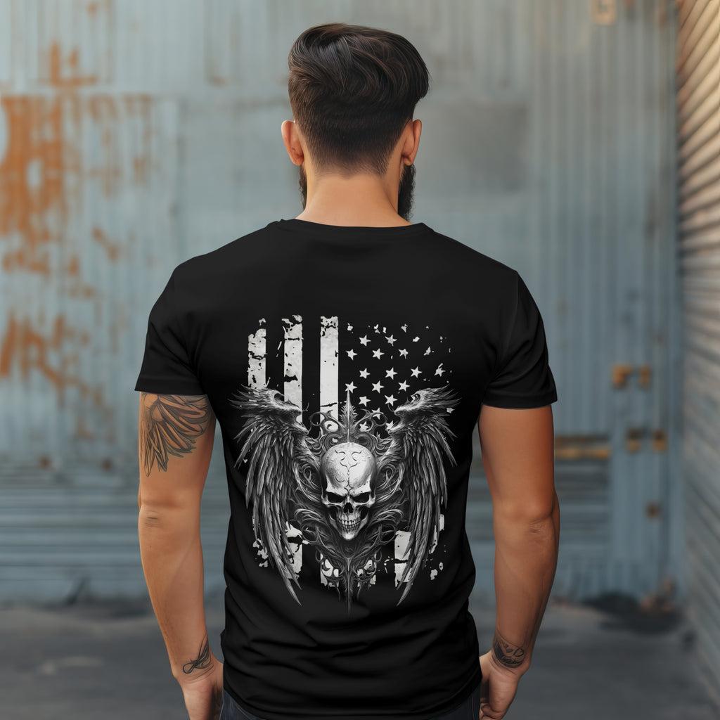 Freedom Skull T-Shirt — American Flag Winged Skull Graphic Tee. Midnight Eye