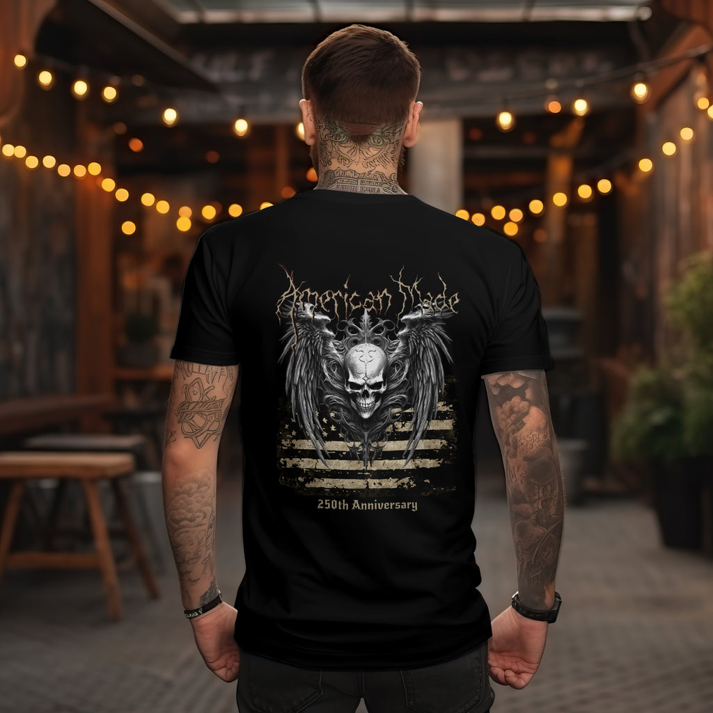 Skull Wings T-Shirt — 250th Anniversary Gothic American Flag Tee - Patriotic Tee. Midnight Eye