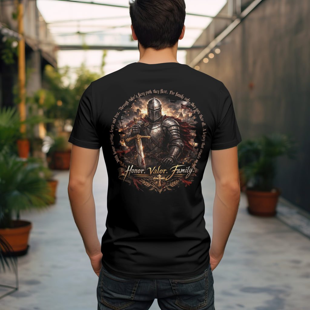 Knight Armor T-Shirt — "Honor. Valor. Family." Medieval T-Shirt - Family Inspirational Tee. Midnight Eye, LLC.