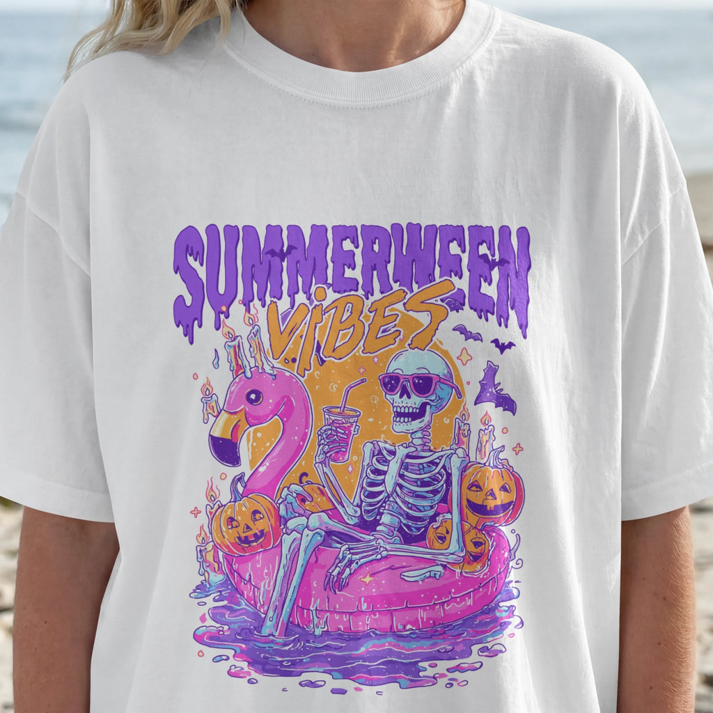 Summerween Vibes T-Shirt — Flamingo Pool Skeleton Halloween in Summer Tee - Midnight Eye, LLC