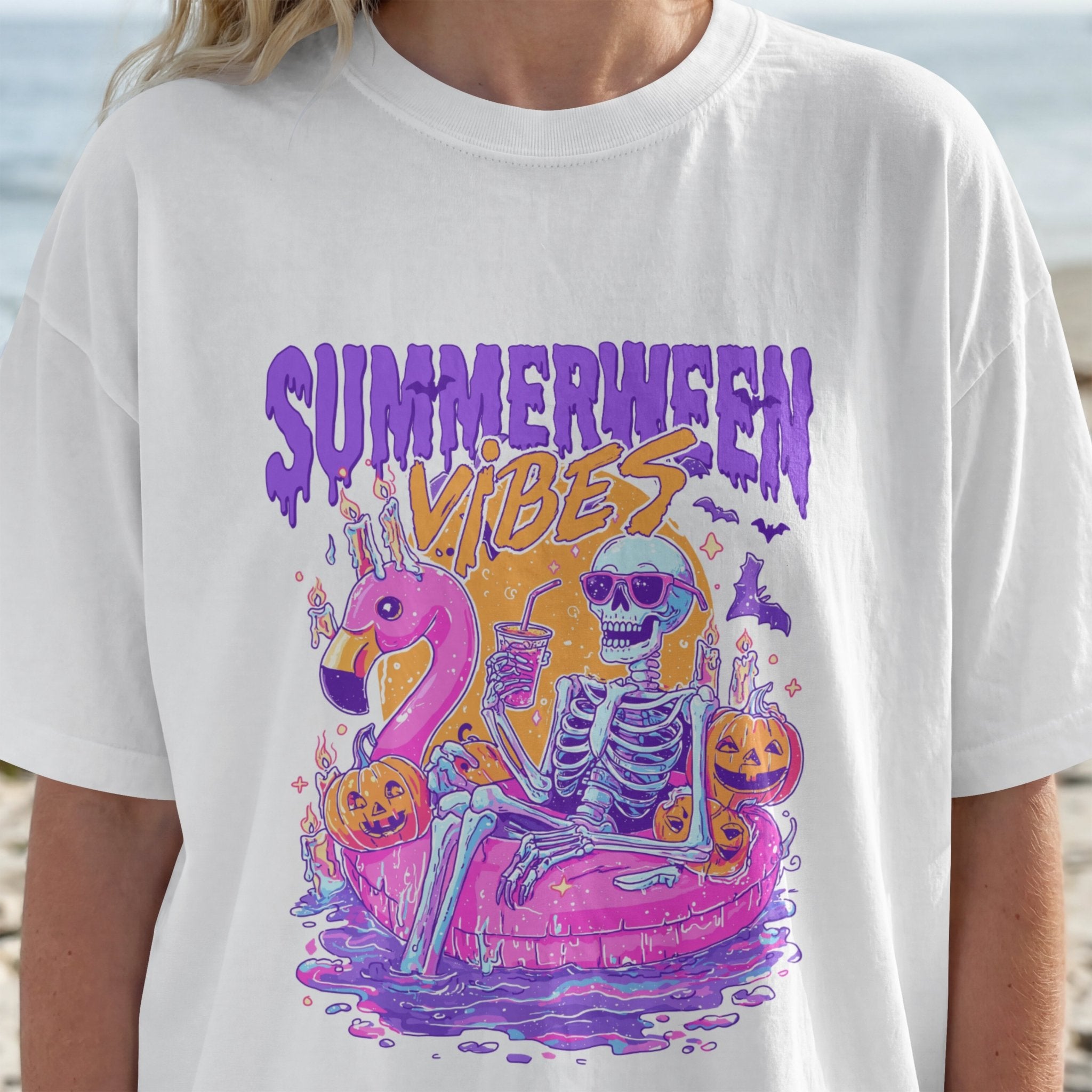 Summerween Vibes T-Shirt — Flamingo Pool Skeleton Halloween in Summer Tee - Midnight Eye, LLC