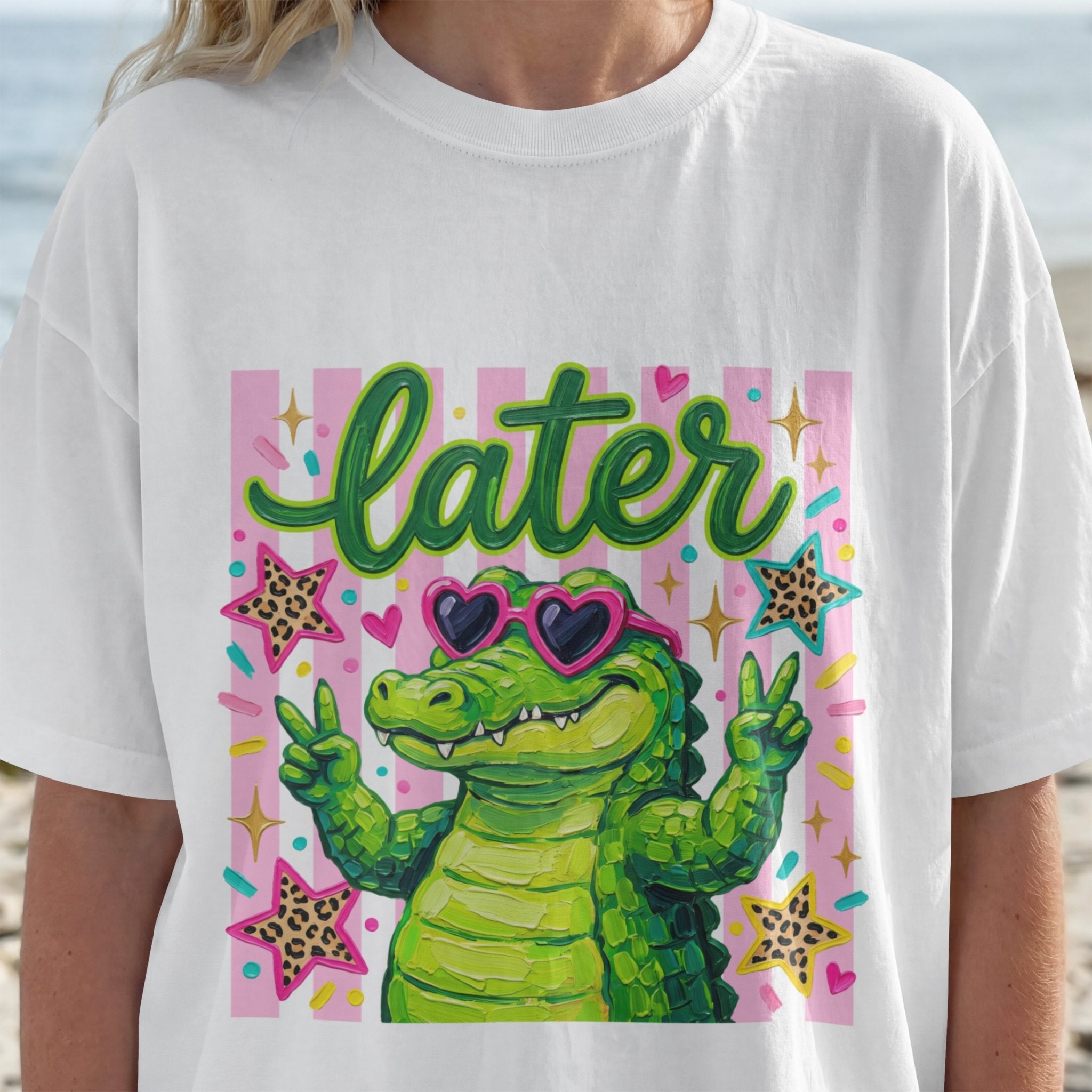Funny Coquette Faux Brushstroke Stripped T-Shirt - Funny Alligator with Sunglasses Tee - Midnight Eye, LLC