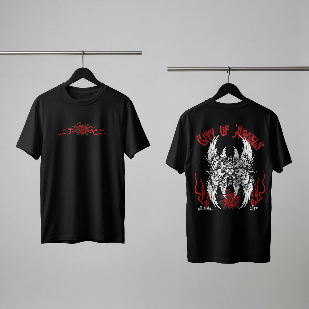 Winged-Eye Graphic Tee — Third Eye Rock Band Shirt - Streetwear Tee - Gothic Red Rose T-Shirt. Midnight Eye, LLC