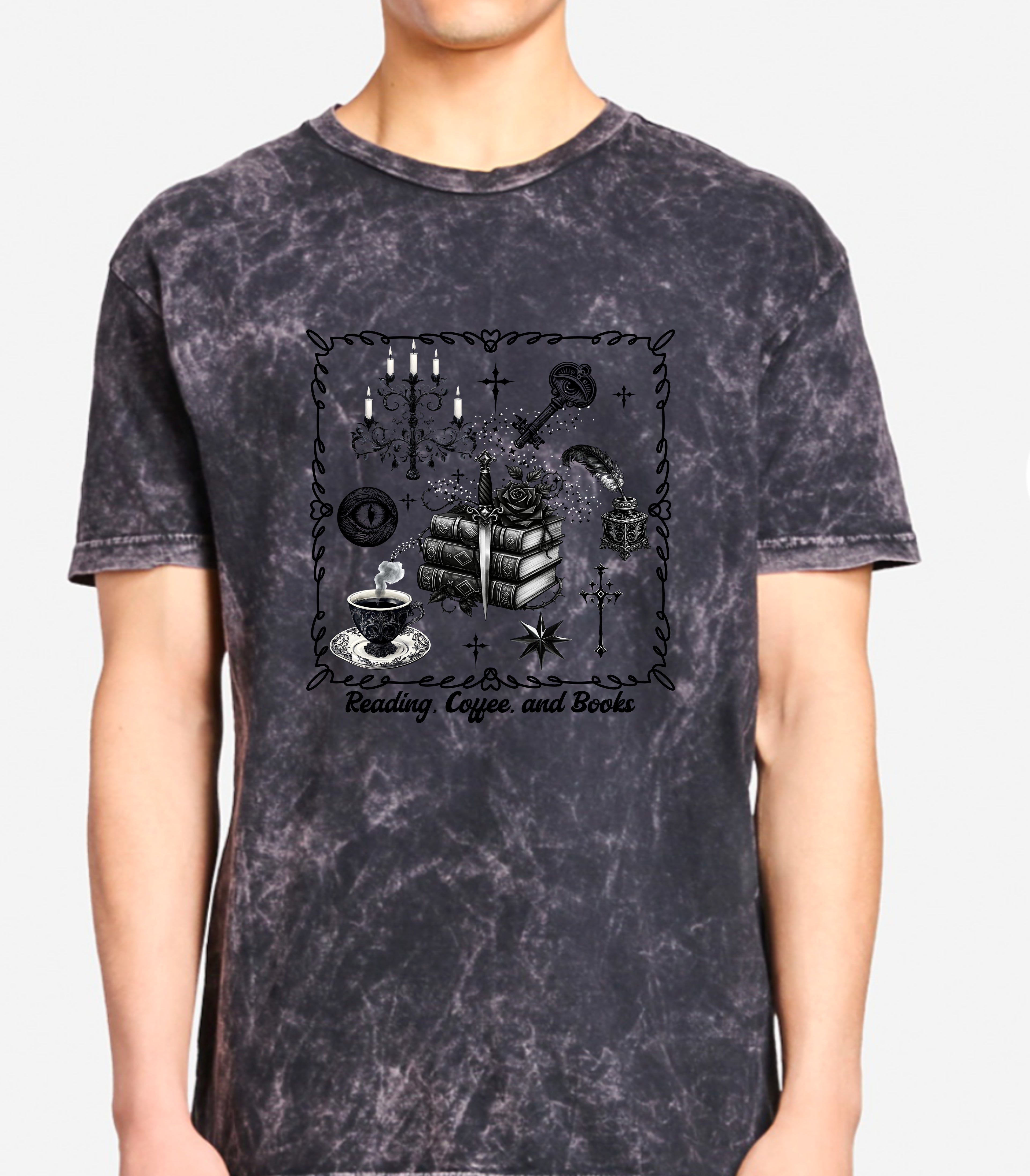 Person wearing a Mystic Reading Tee — "Reading, Love, and Mystery Books" Vintage Graphic Shirt