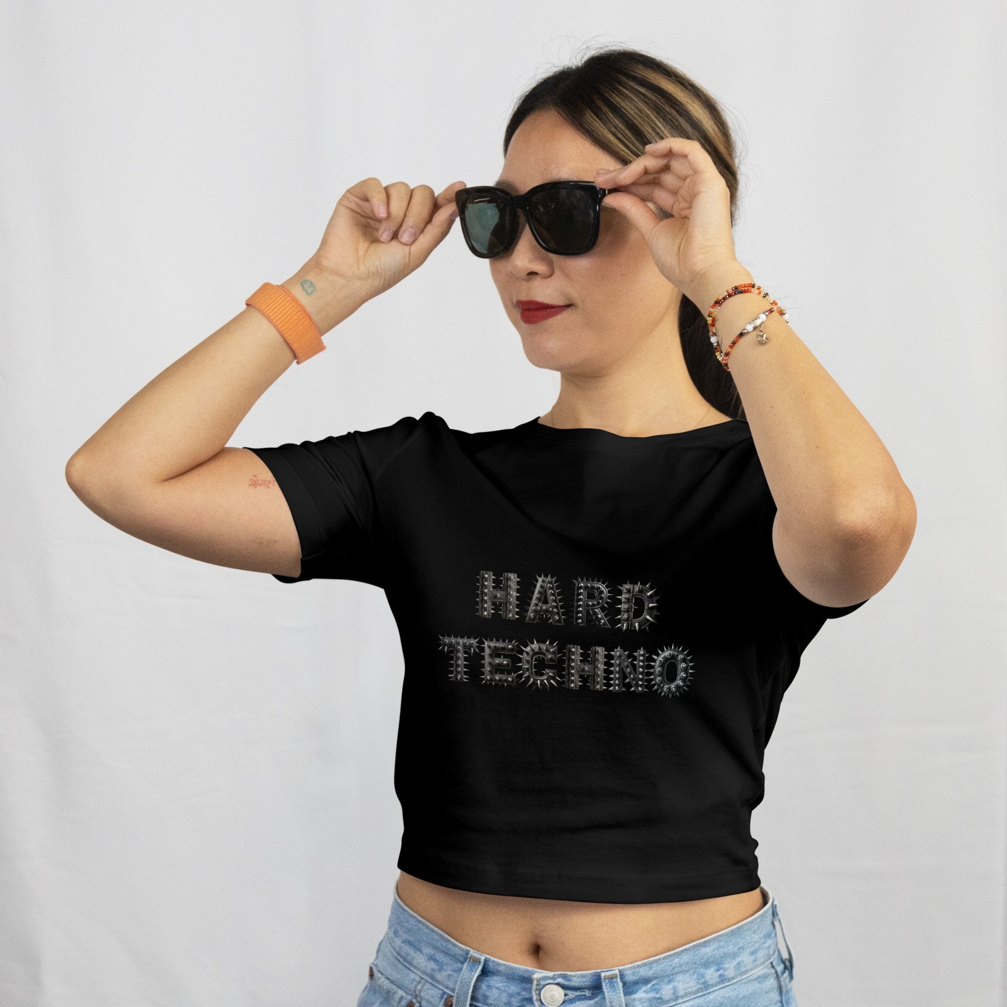 Hard Techno Baby Tee – Tribal Skull Graphic Crop - Midnight Eye, LLC