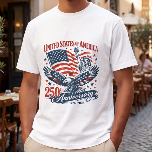 250th Anniversary USA T-Shirt – American Flag, Eagle & Statue of Liberty Patriotic Tee. Midnight Eye
