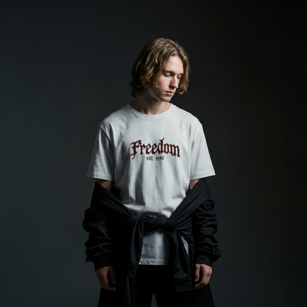 Freedom Skull Tee — Gothic Skull Wings with Distressed American Flag  - Streetwear T-Shirt. Midnight Eye