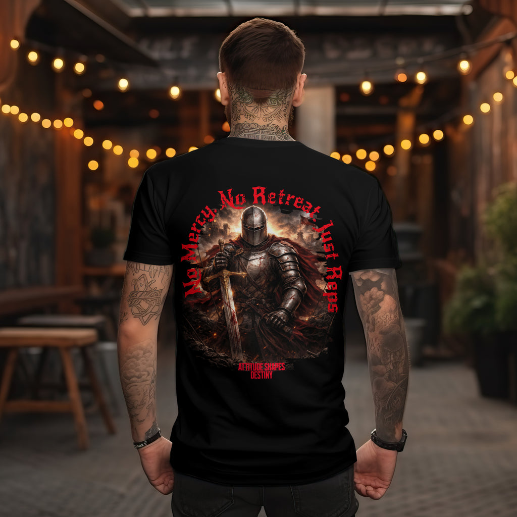 Knight Graphic T-Shirt — 'No Mercy, No Retreat, Just Reps' Design - Inspirational Tee - Workout Tee - Midnight Eye, LLC