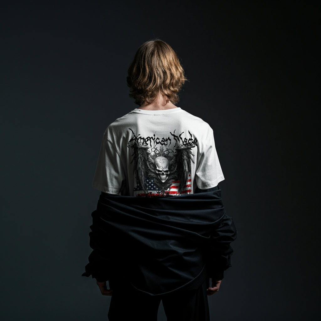 Freedom Skull Tee — Gothic Skull Wings with Distressed American Flag  - Streetwear T-Shirt. Midnight Eye