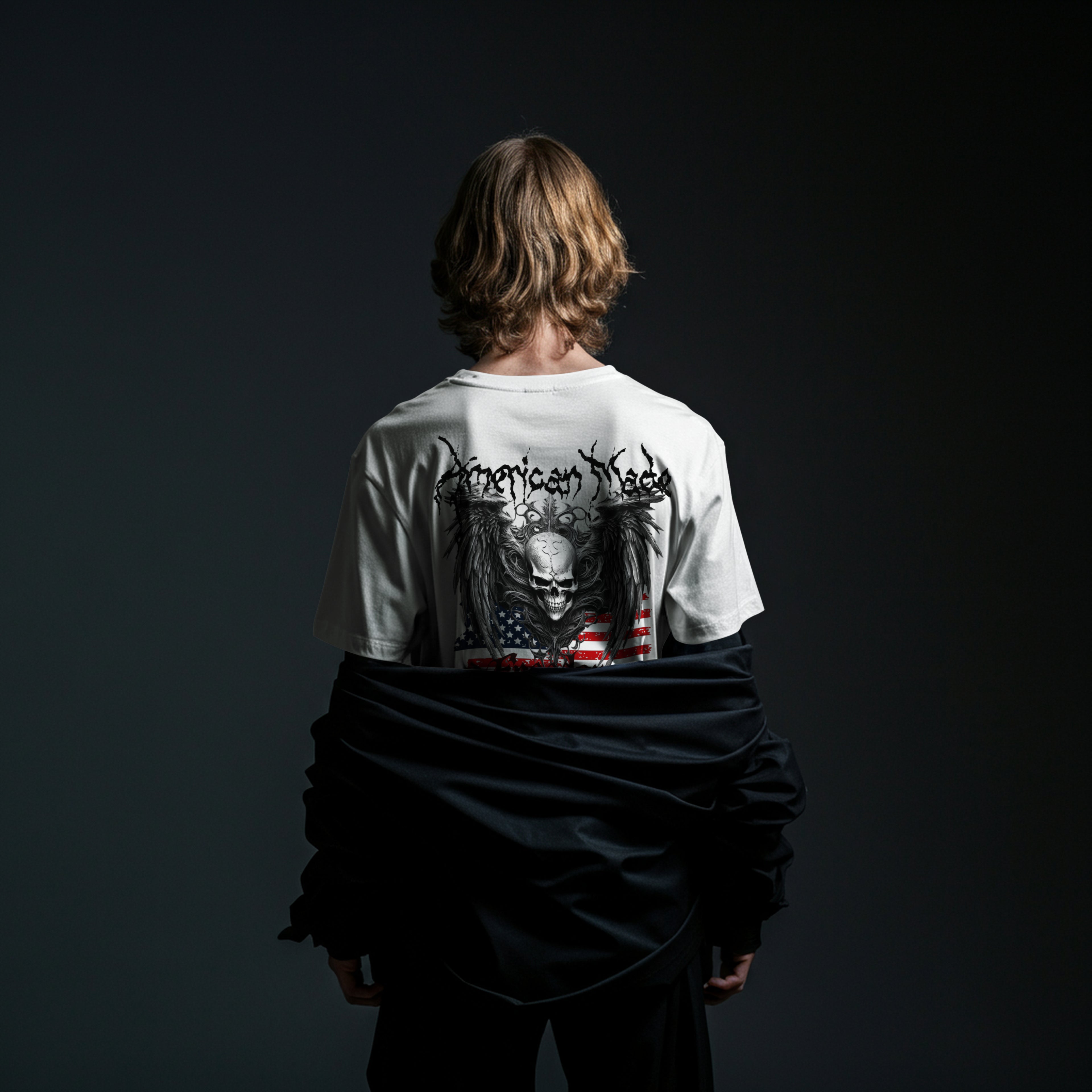 Freedom Skull Tee — Gothic Skull Wings with Distressed American Flag  - Streetwear T-Shirt. Midnight Eye