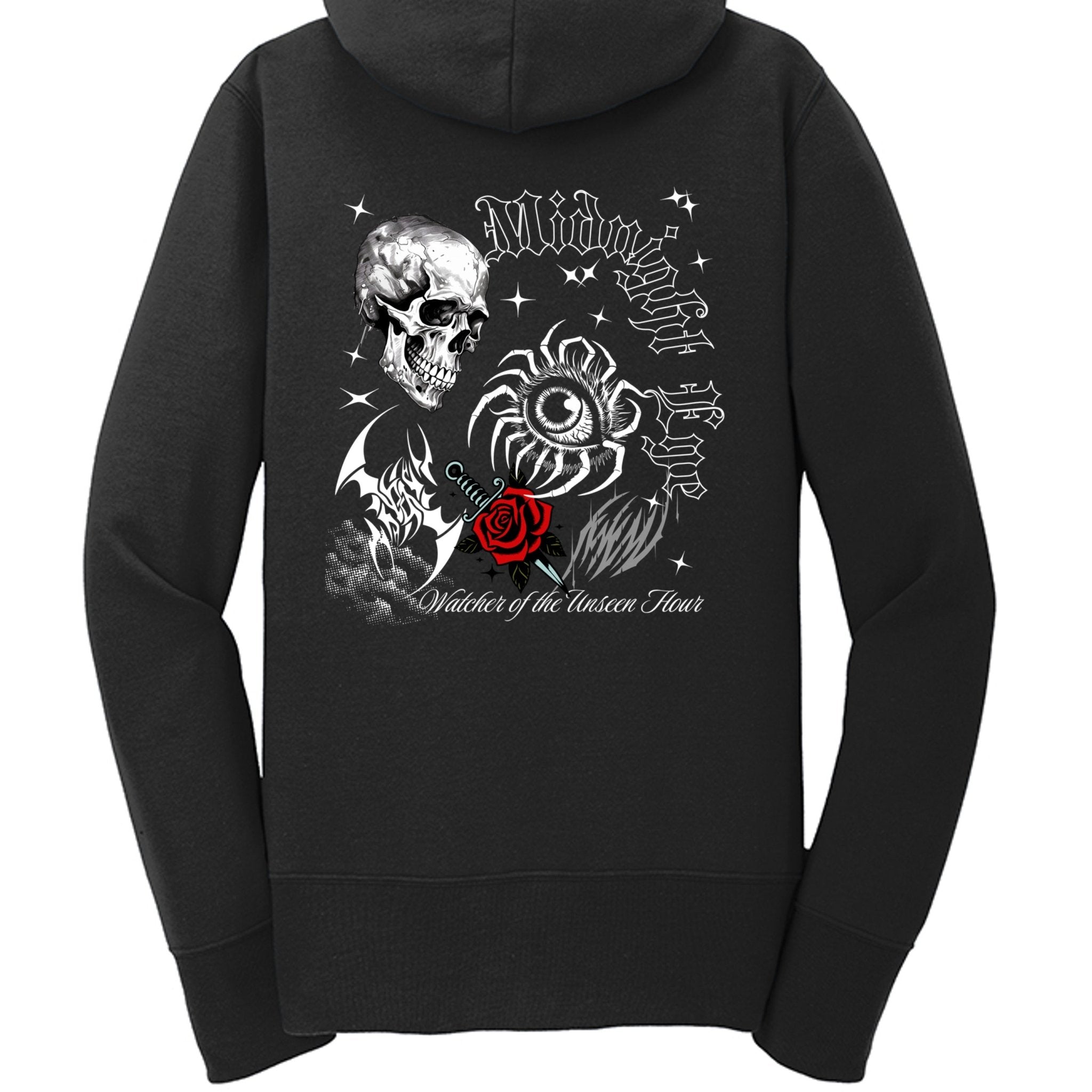 Midnight Eye - Skull and Red Rose Full - Zip Hooded Sweatshirt - Gothic and Dark Aesthetic Sweatshirt - Midnight Eye, LLC