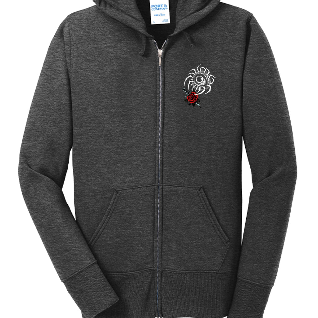 Midnight Eye - Skull and Red Rose Full - Zip Hooded Sweatshirt - Gothic and Dark Aesthetic Sweatshirt - Midnight Eye, LLC