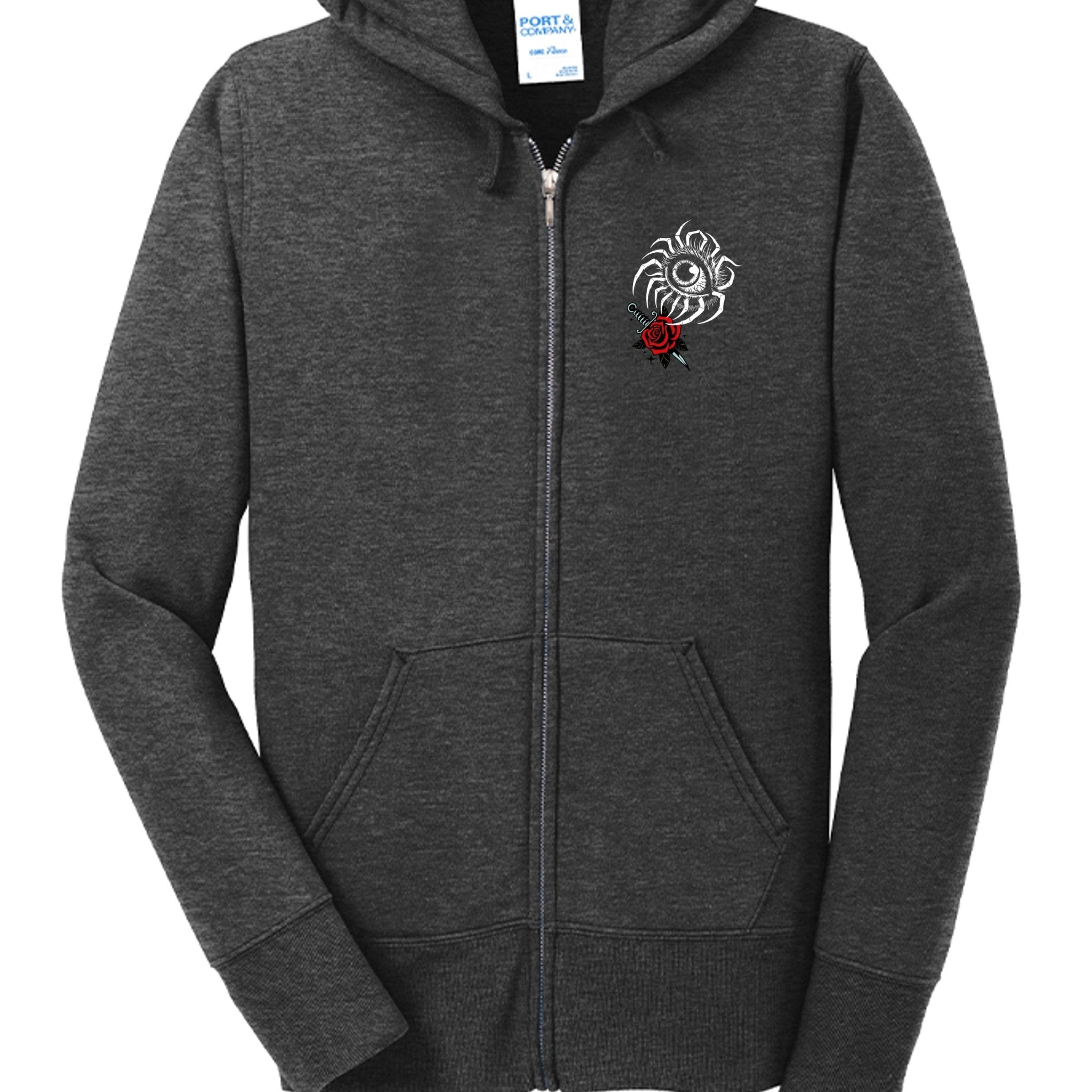 Midnight Eye - Skull and Red Rose Full - Zip Hooded Sweatshirt - Gothic and Dark Aesthetic Sweatshirt - Midnight Eye, LLC