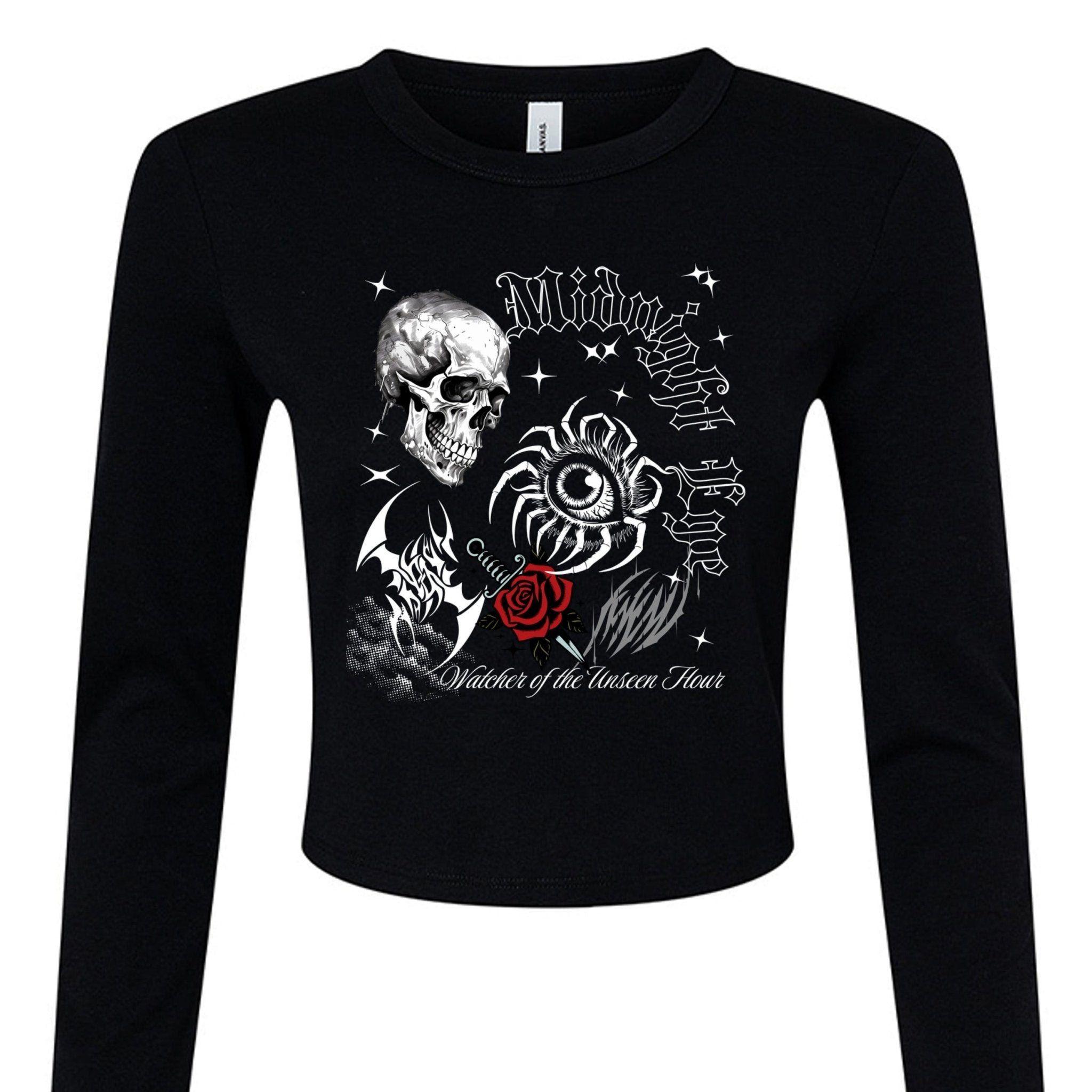 Midnight Eye Skull and Red Rose Long Sleeve Baby Tee - Gothic T-Shirt - Midnight Eye, LLC