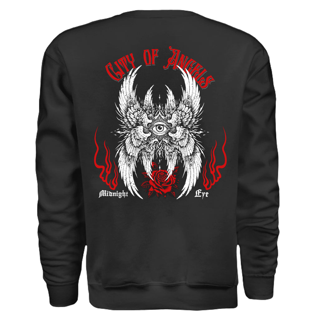 Wings Eye Red Rose Gothic Crewneck - Tattoo Art Graphic Sweatshirt. Midnight Eye, LLC.