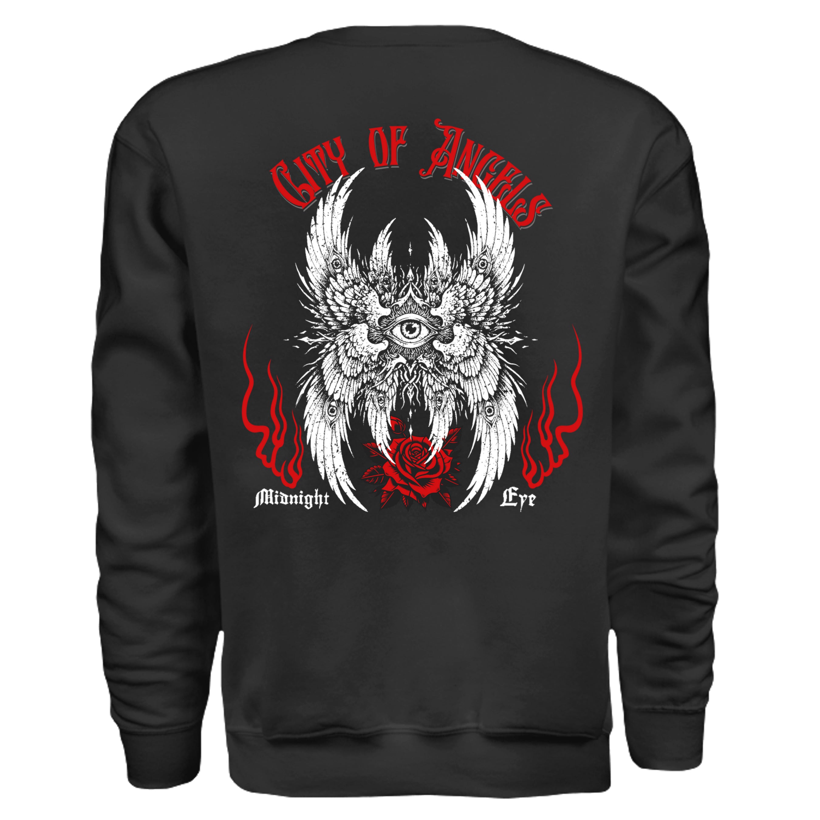 Wings Eye Red Rose Gothic Crewneck - Tattoo Art Graphic Sweatshirt. Midnight Eye, LLC.